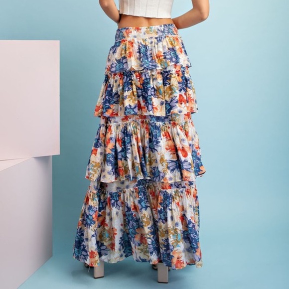 029 Boho Floral Tropical Print Smocked Waist Maxi Skirt - Picture 7 of 8